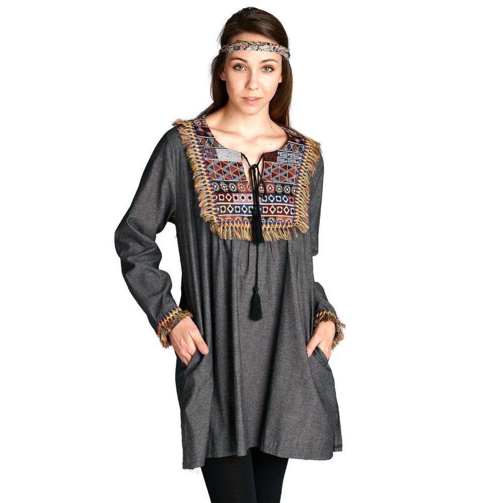 Velzera Fringe & Geometric Chambray Dress,